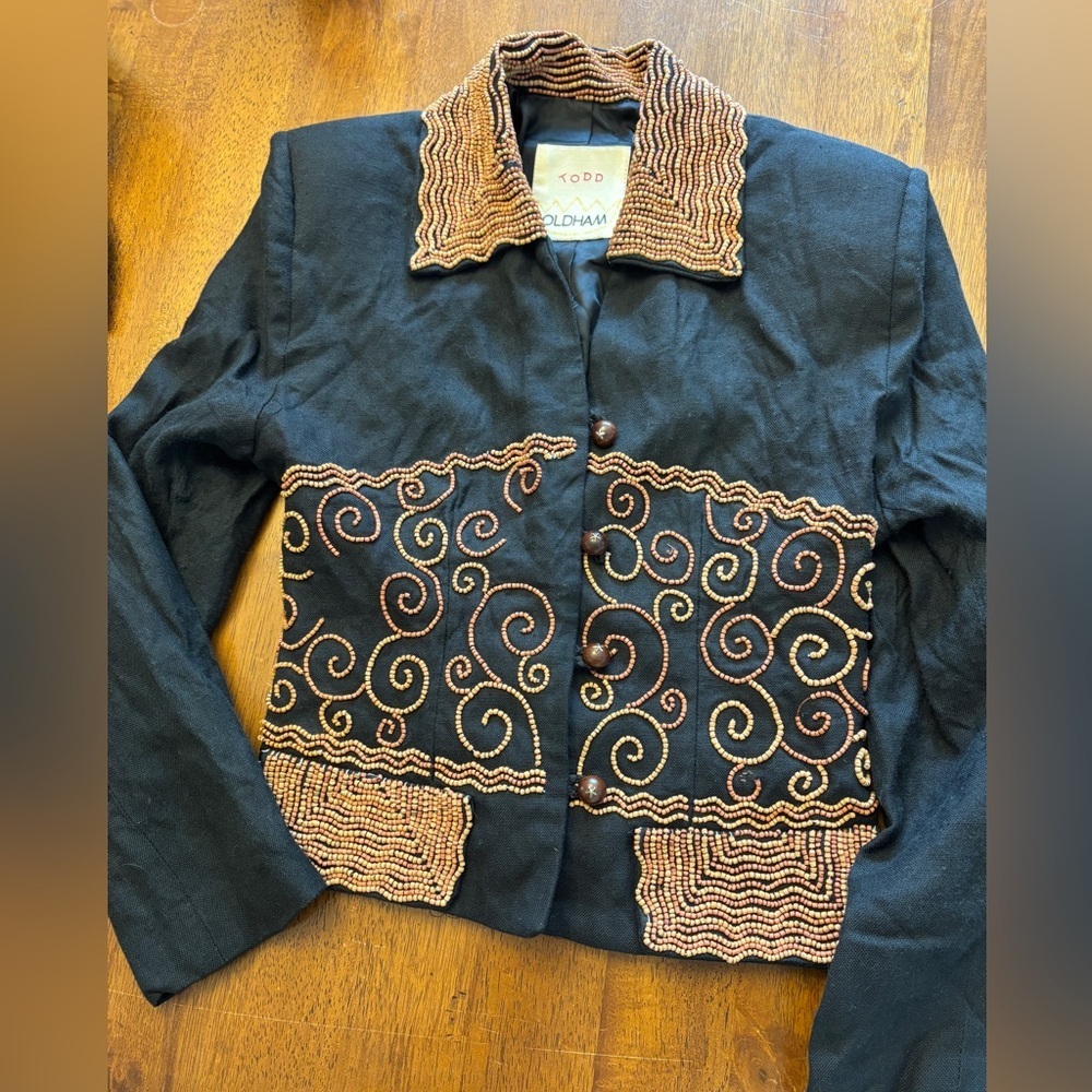 Todd Oldham vintage Black Jacket with brown Beaded Swirls medium collectable